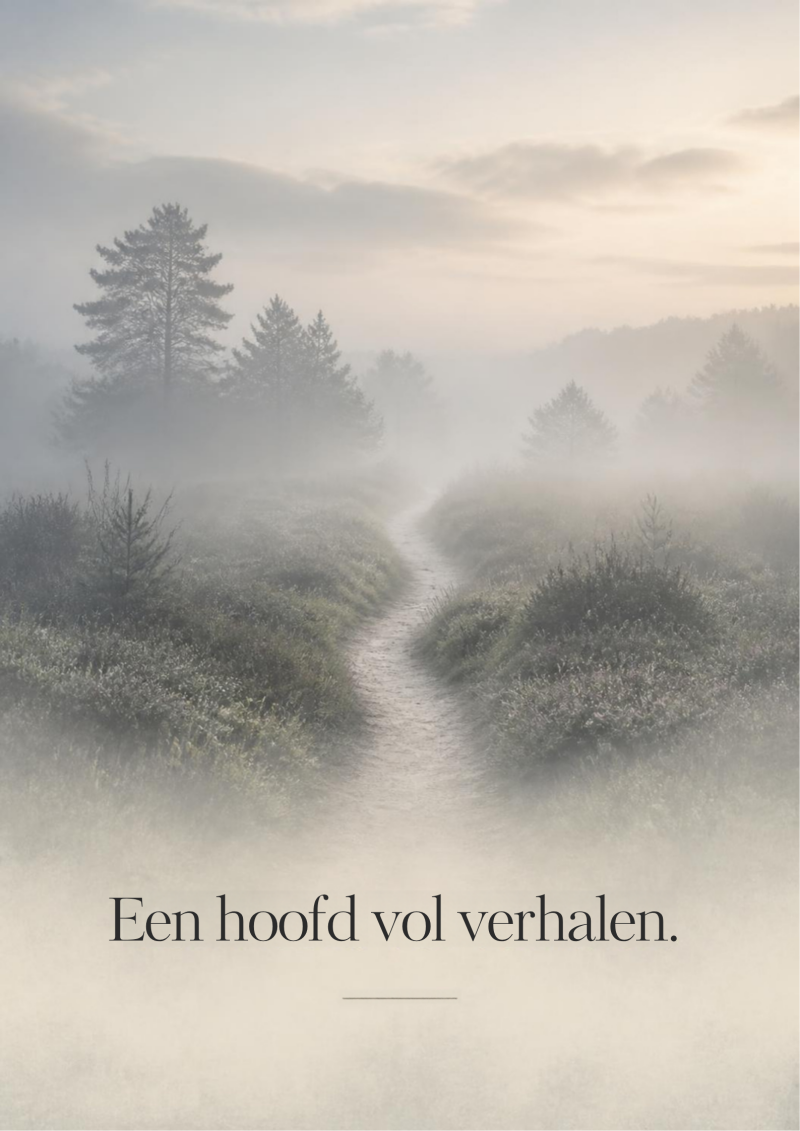 Wandelpad dat verdwijnt in de mist als symbool voor onzekerheid, veronderstellingen en de verhalen die we zelf invullen.