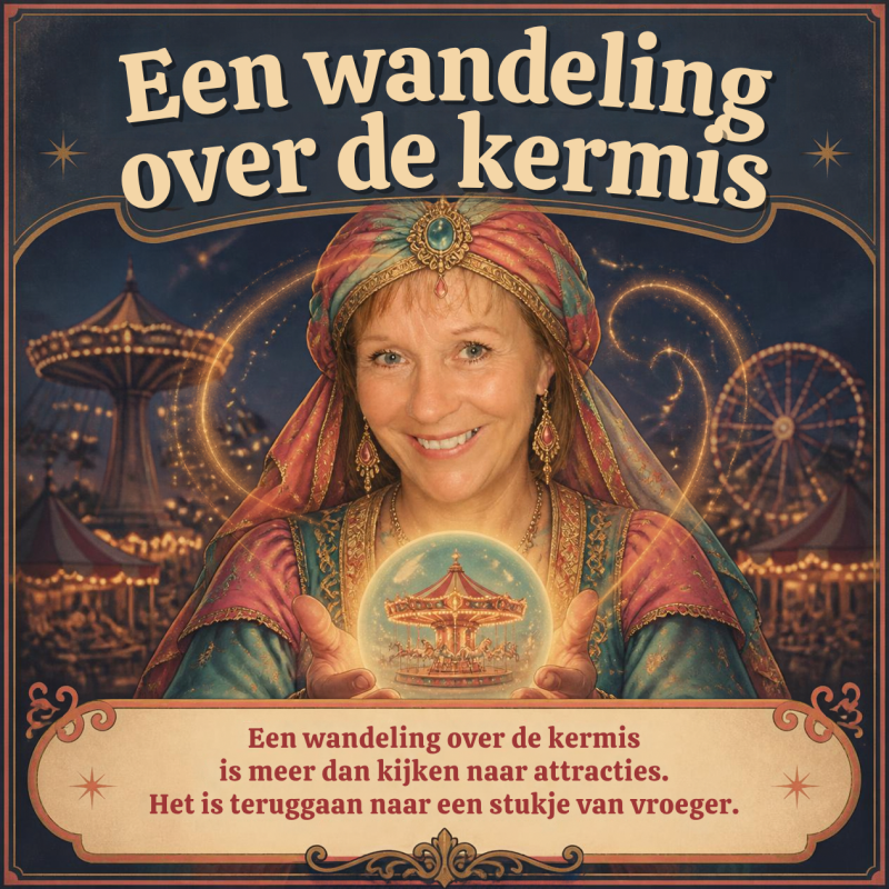 Nostalgisch kermistafereel met draaimolen, reuzenrad en warme verlichting, passend bij een column over herinneringen aan de kermis van vroeger.