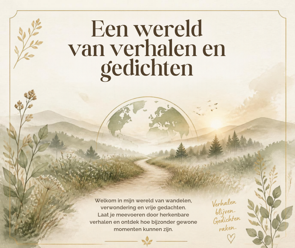 Een wandelpad met aan het einde een wereldbol in zachte kleuren. Een wereld van verhalen en gedichten.