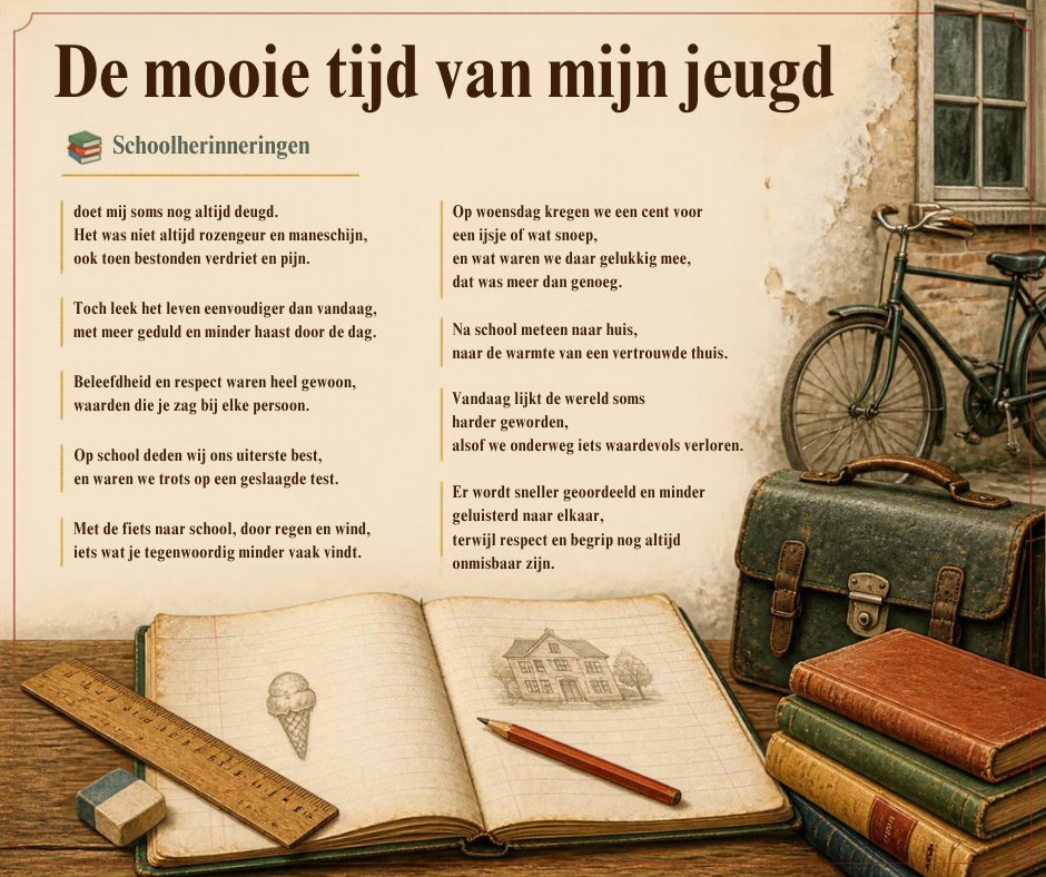 Een gedicht ontstaan tijdens een wandeling. De mooie tijd van mijn jeugd. Een oude fiets tegen de muur en oude schoolboeken.