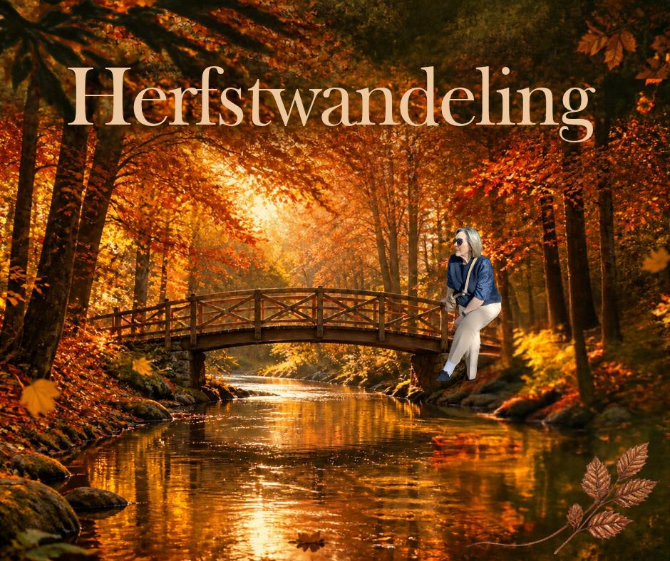 Sfeervol herfstontwerp met een houten brug boven een kabbelende beek, omringd door warme herfstkleuren en gouden zonlicht. Een uitnodiging om te genieten van de rust en schoonheid van een herfstwandeling.
