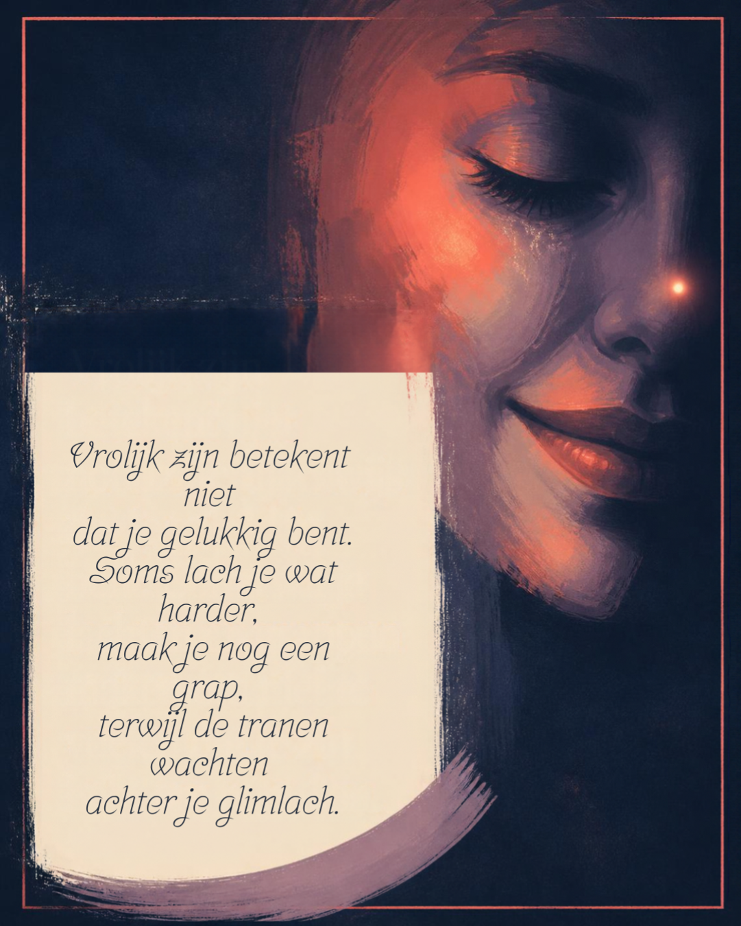 Poëtisch ontwerp met een portret en een gedicht over de glimlach die soms verdriet verbergt.