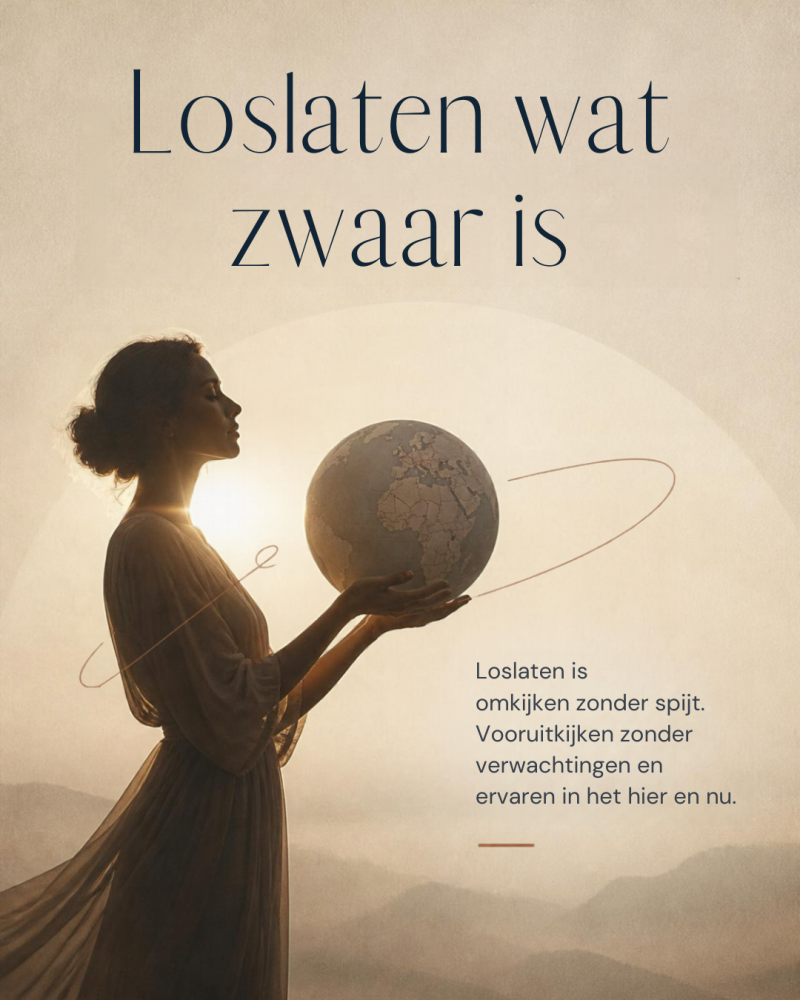 Silhouet van vrouw met wereldbol op haar handen. Loslaten wat zwaar is.