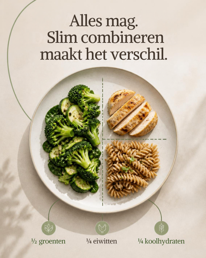 Bord met groenten, kip en pasta volgens de ½-¼-¼-verdeling. Tekst: "Alles mag. Slim combineren maakt het verschil.