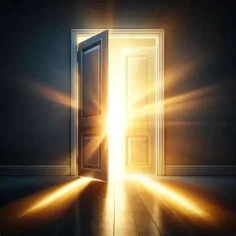 Een open deur met zacht licht.