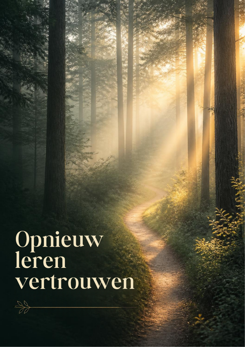 Opnieuw leren vertrouwen. Bospad in zacht ochtendlicht dat symbool staat voor hoop, herstel en het vertrouwen om stap voor stap verder te gaan.