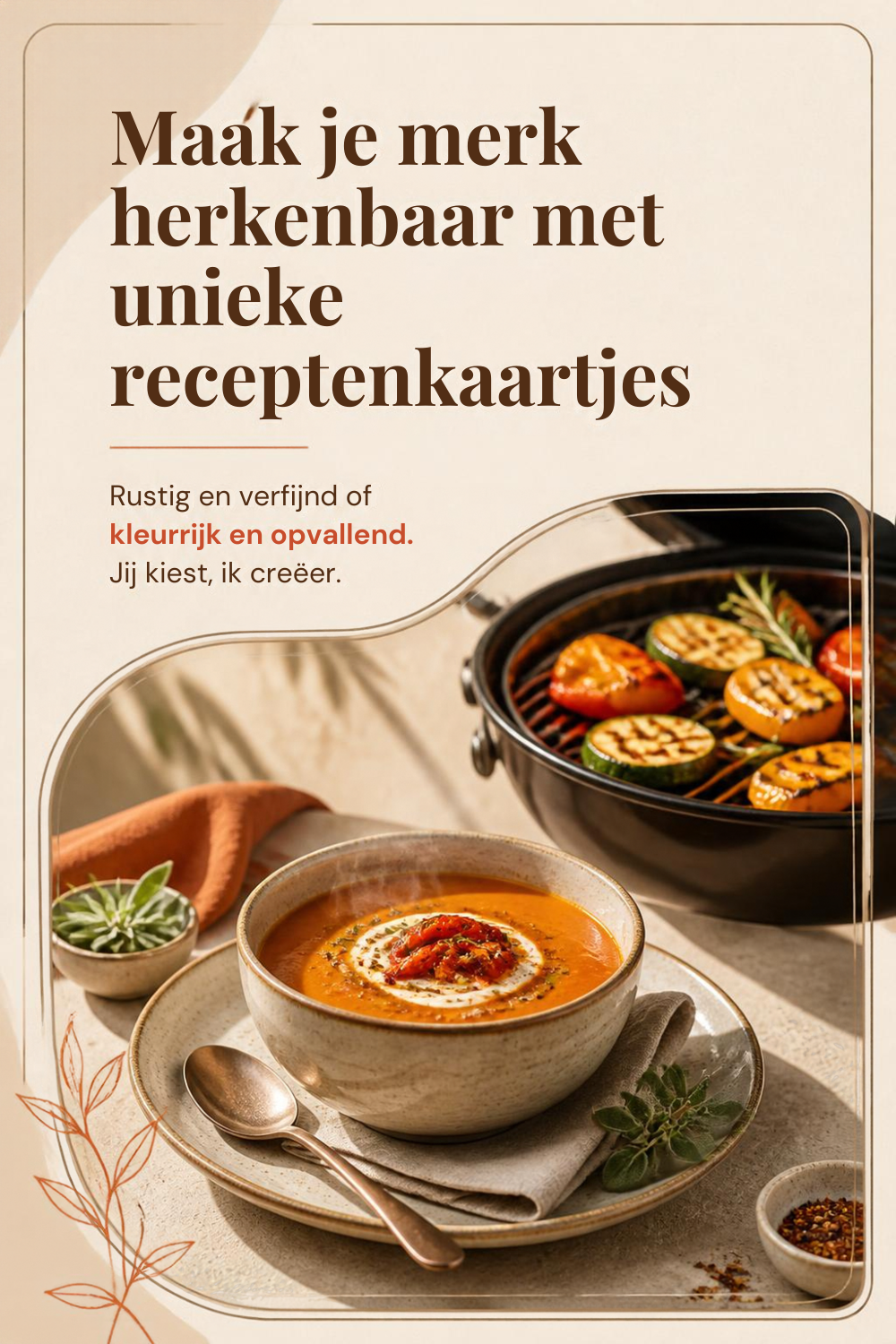 Minimalistisch receptenkaartje in zachte kleuren met titel en foto van een bordje soep en een bbq.