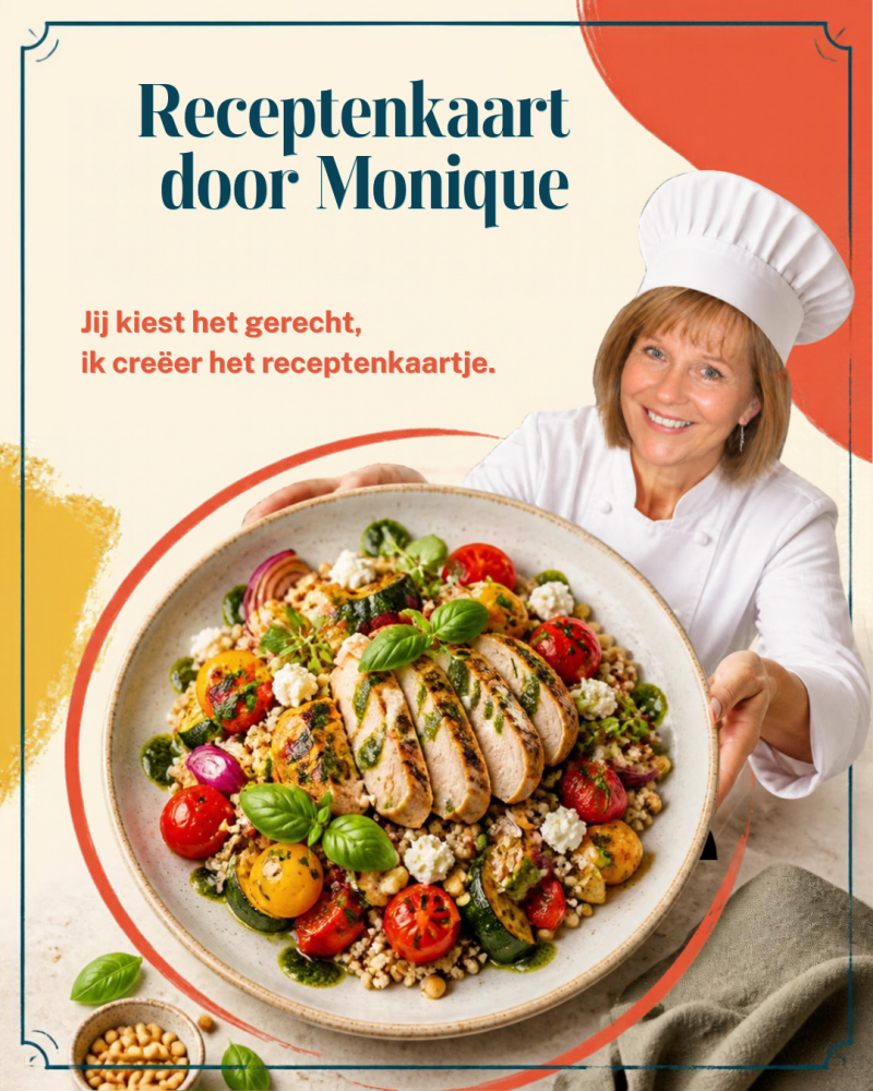 Monique presenteert een gezonde maaltijd op een professionele receptenkaart.