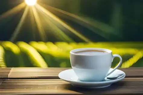 Een tas koffie op een houten tafel met prachtige zonnestralen