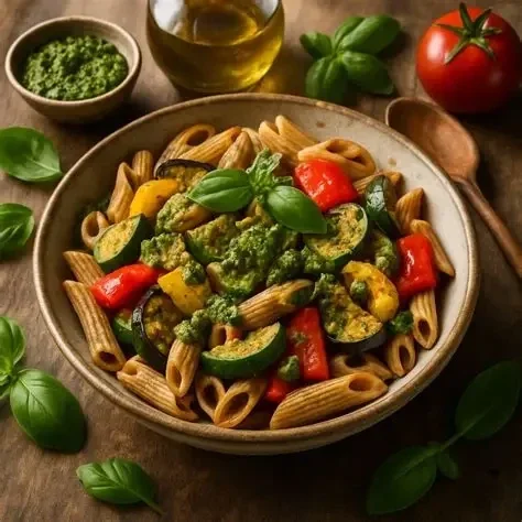 Volkoren pasta met kleurrijkie groenten in brunoise