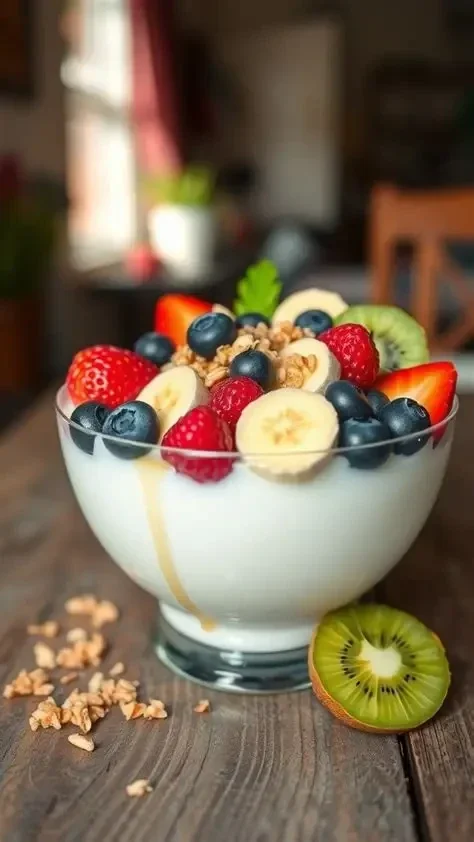 Yoghurt met vers fruit in glazen kom.