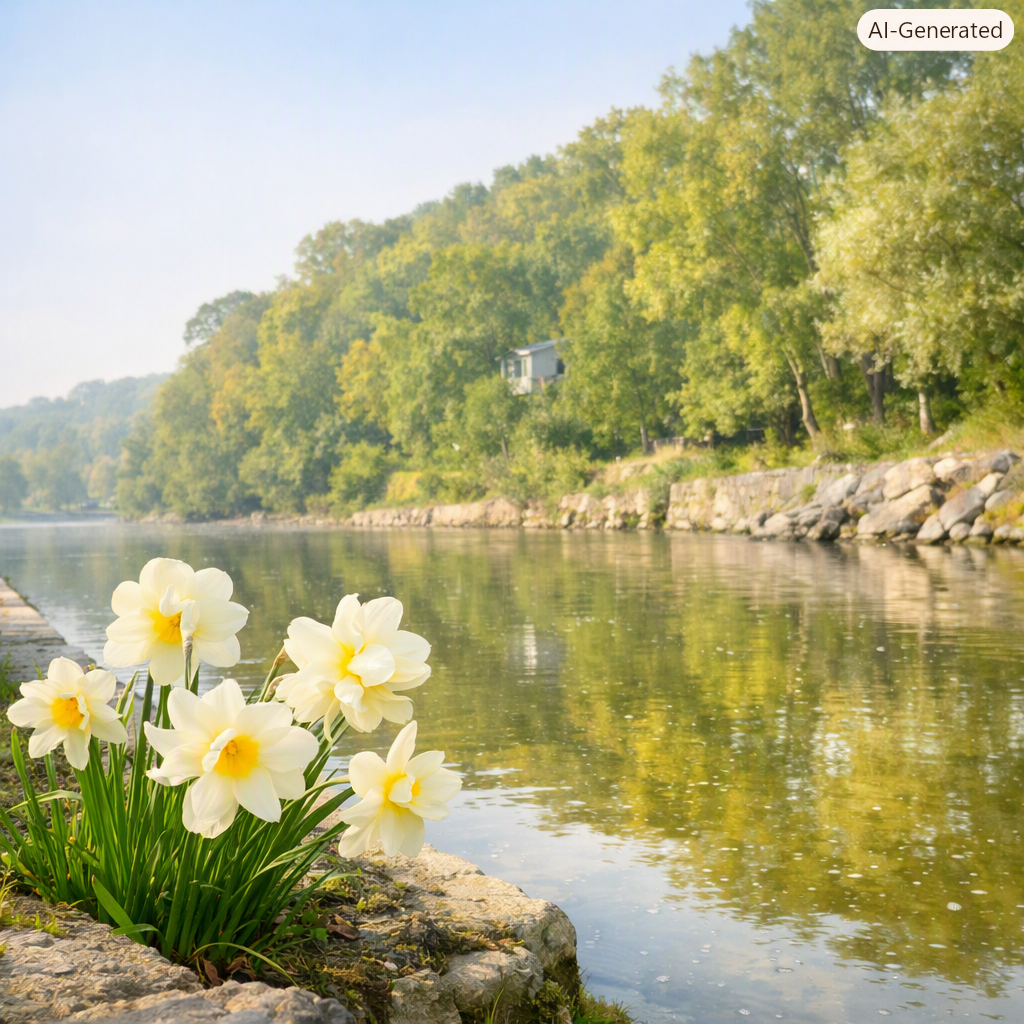 Een rustige rivier met aan de ene kant bomen en aan de andere kant mooie witte bloemen.