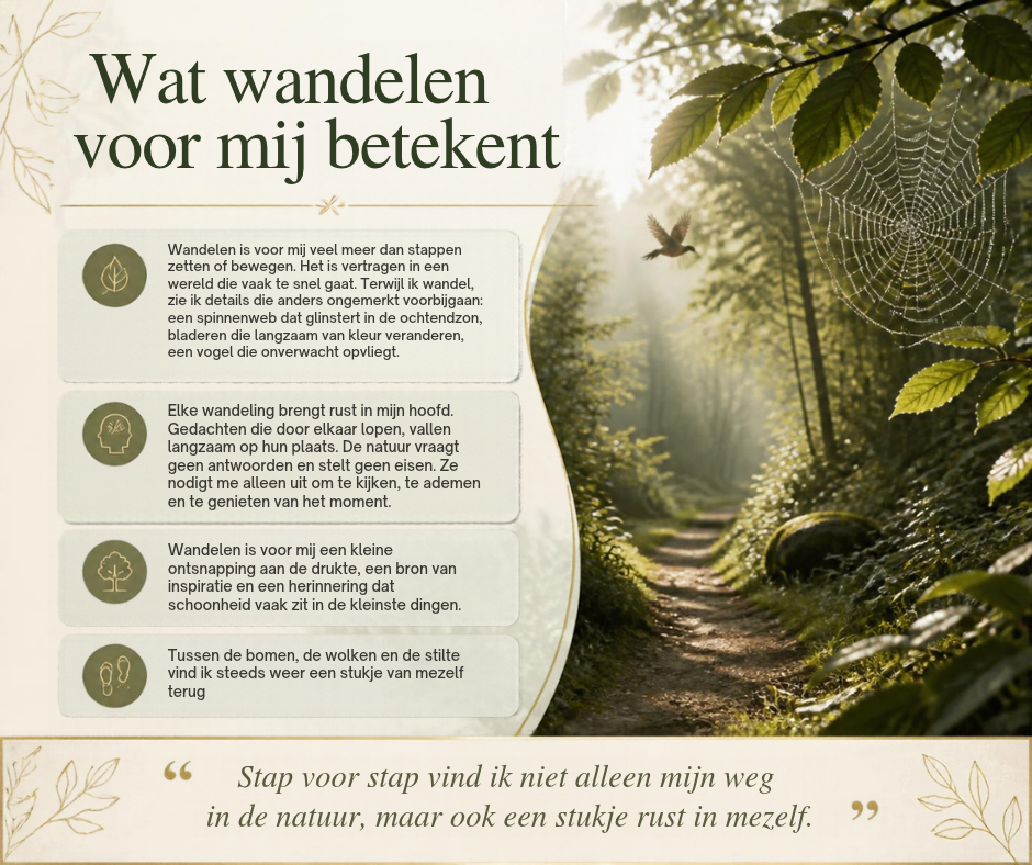 Zacht natuurontwerp met een bospaadje, zonlicht tussen de bomen en een spinnenweb. De tekst beschrijft hoe wandelen rust, inspiratie en aandacht voor kleine details brengt.