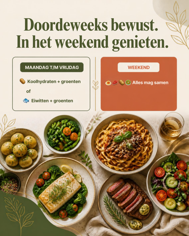 Slim combineren in je voeding. Je hoeft niets te verbieden. Balans zit in de combinatie. Borden gevuld met gecombineerd voedsel.