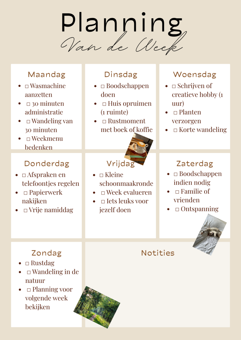 Weekplanning met beige achtergrond & foto's van natuur, koffie met boek en een kat die uitrust.