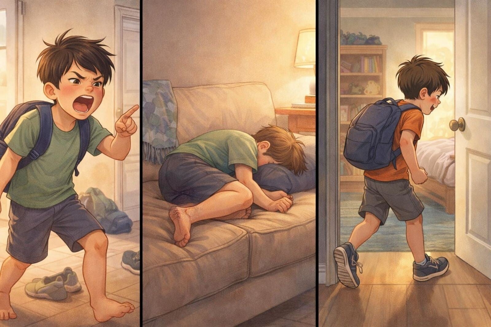 Three examples of after-school emotional release in children: yelling angrily, shutting down curled on a couch, and stomping to a bedroom.