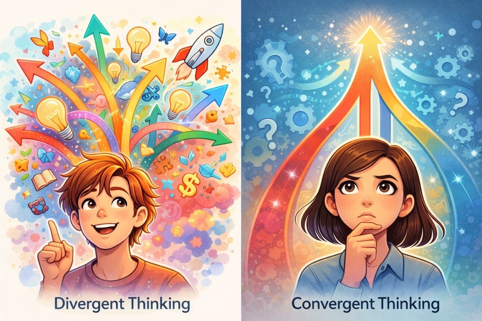Illustration of divergent thinking versus convergent thinking
