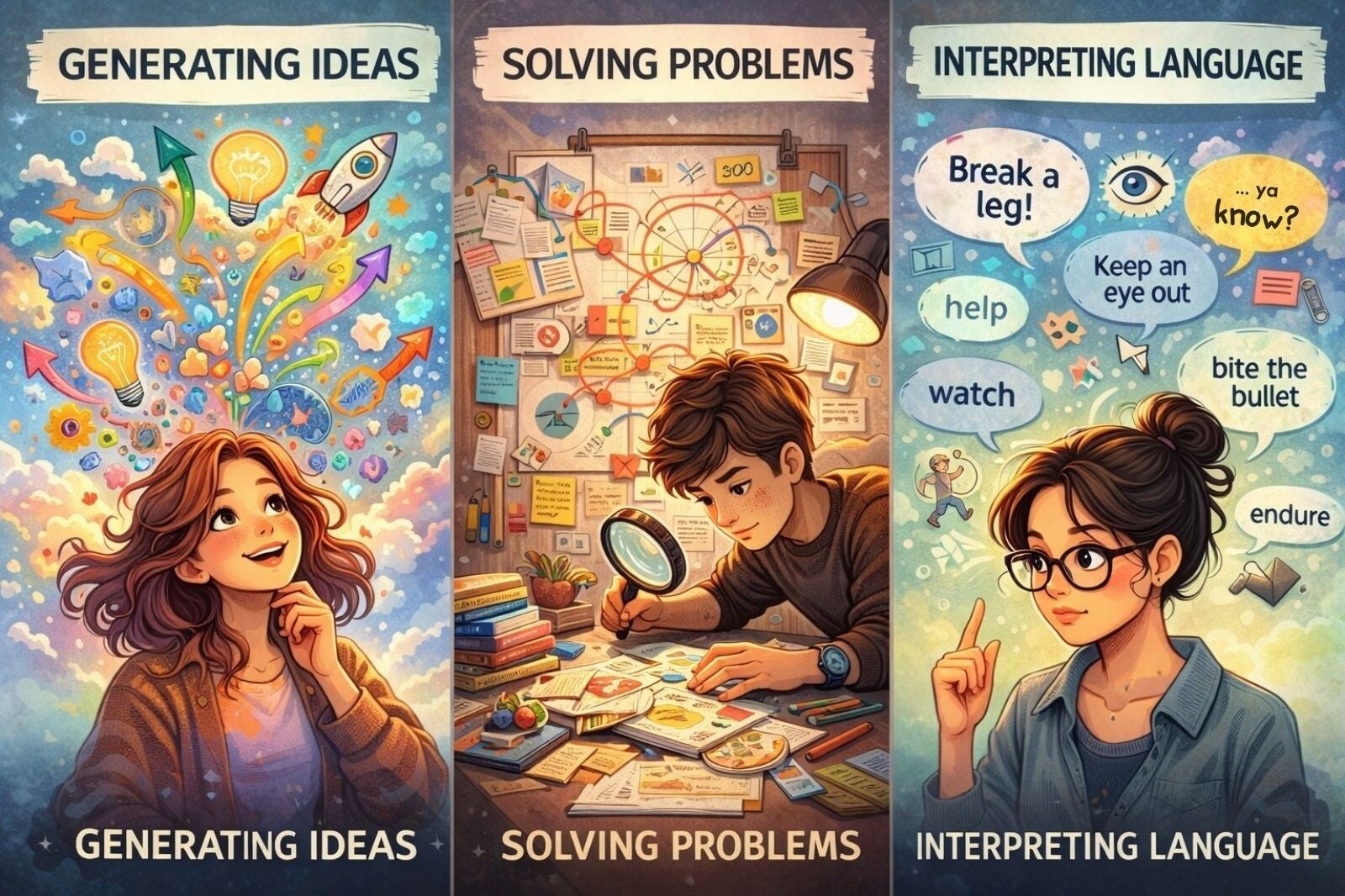 Example of different thinking styles used for ideas, problem solving, and language interpretation