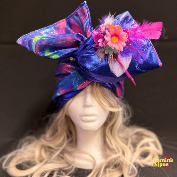 Tulband glanzend blauw met mix kleur