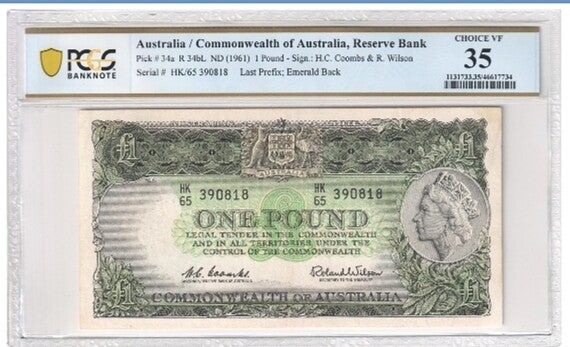 1961 Last Prefix HK65 390818 Australian 1 pound Banknote Graded by PCGS