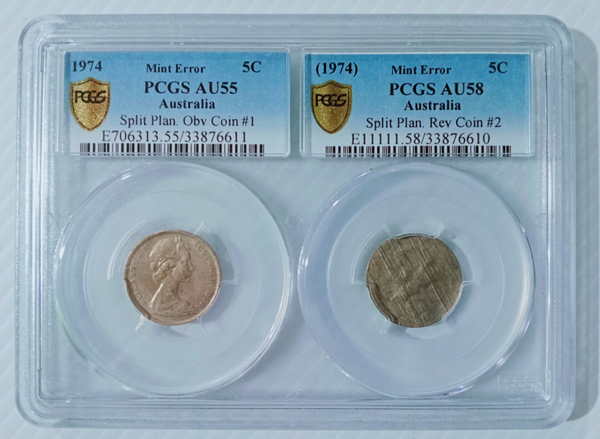 Gold Shield 1974 Double slabbed 5 cent Split Planchet by PCGS Au55 & Au58 Mated Pair