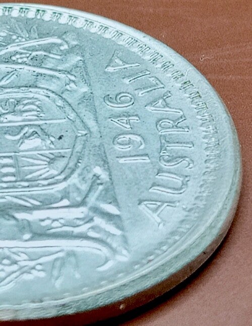 1946 M Partial Tiled Collar Error Silver Australian Florin