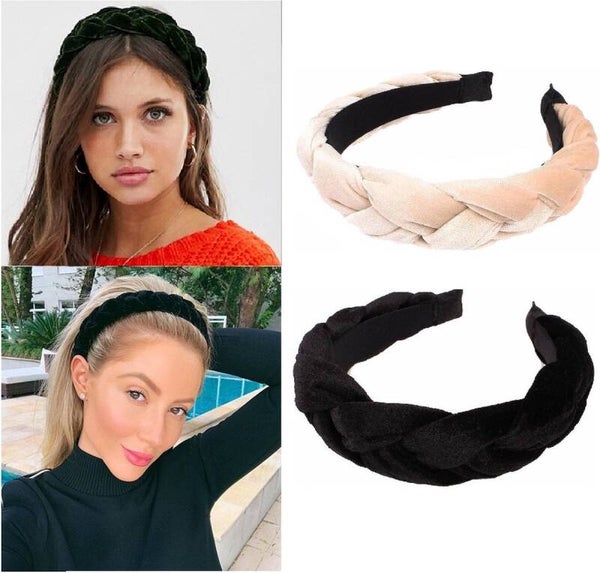 Set van 2 velvet gevlochten dames diademen – zwart & crème