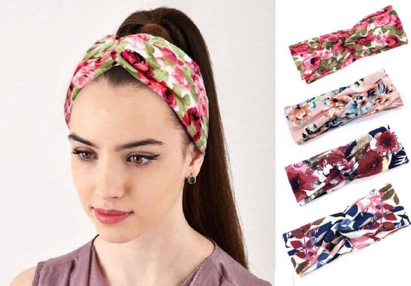 4 Stuks - Dames Haarbanden Groen Gebloemd – Bloemenprint Haarband met Knoop voor Meiden, Tieners & Vrouwen