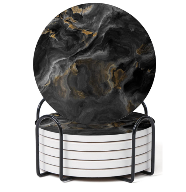Matte Onderzetters Set van 6 – Zwart Marmer Design met Goudaccent – Kurk Onderkant – Inclusief Houder