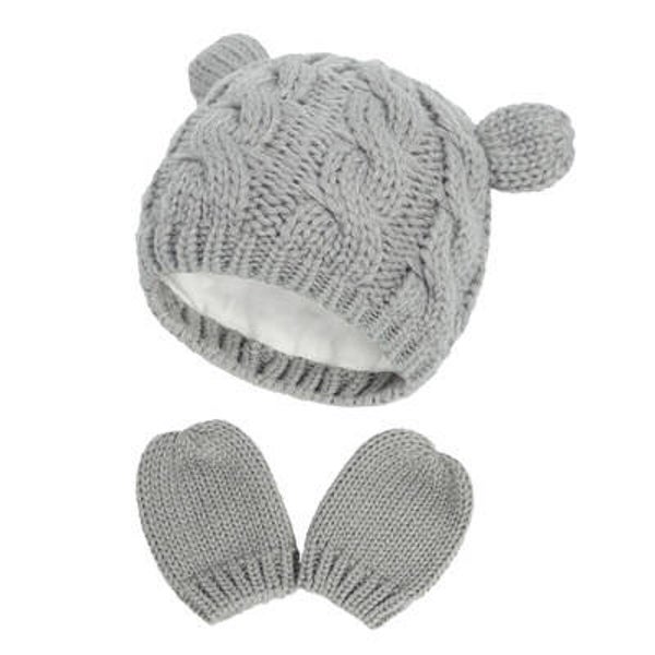 Baby Muts en Wanten Set – Grijs – Beertje – Katoenen Voering