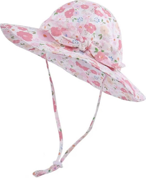 Baby & Kinder Zonnehoedje Meisje Roze Bloemen – UV Bescherming – Zomerhoed met Brede Rand – Maat 48/52