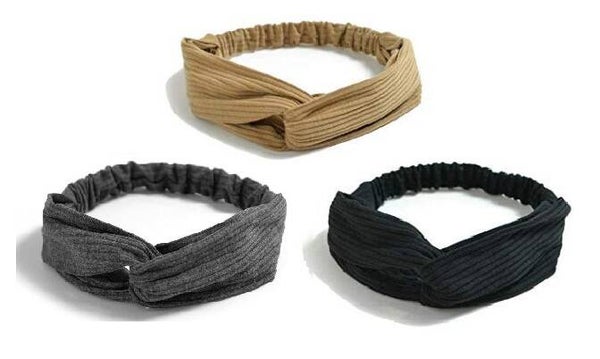 Set van 3 stuks gebreide dames haarbanden - knitted - knoop - donkergrijs - zwart & lichtbruin