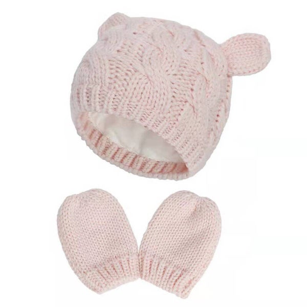 Baby Muts en Wanten Set – Roze – Beertje – Katoenen Voering