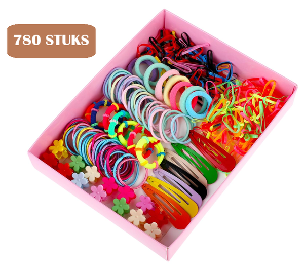 Meisjes Accessoires Giftbox – 780-delige Haaraccessoires Set - Clips, Speldjes & Elastiekjes - Kleurenmix