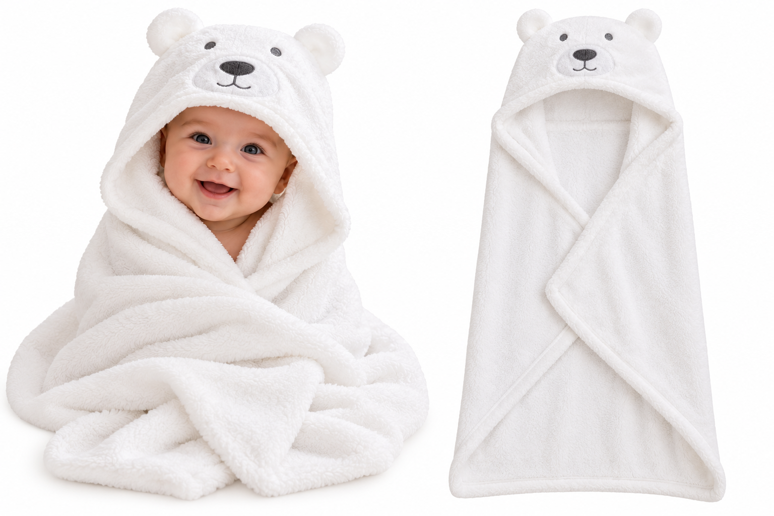 Baby Badcape met Capuchon – Witte Beer – Zachte Fleece Wikkeldeken – Baby Handdoek – 70 x 85 cm – Kraamcadeau