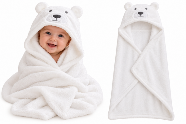Baby Badcape met Capuchon – Witte Beer – Zachte Fleece Wikkeldeken – Baby Handdoek – 70 x 85 cm – Kraamcadeau