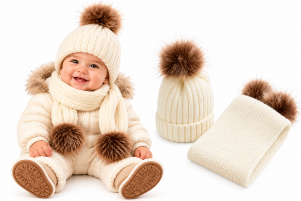 Set Muts en Sjaal Kind 1 Jaar – Beanie met Pompoms – Winterset – Wit