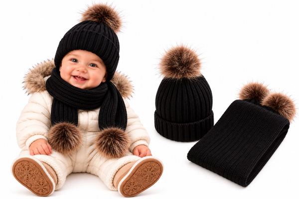 Set Muts en Sjaal Kind 1 Jaar – Beanie met Pompoms – Winterset – Zwart