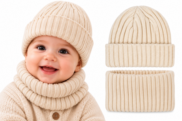 MY - Gebreide Muts en Colsjaal (Voering) - Kind - 3 t/m 12 mnd - Crème