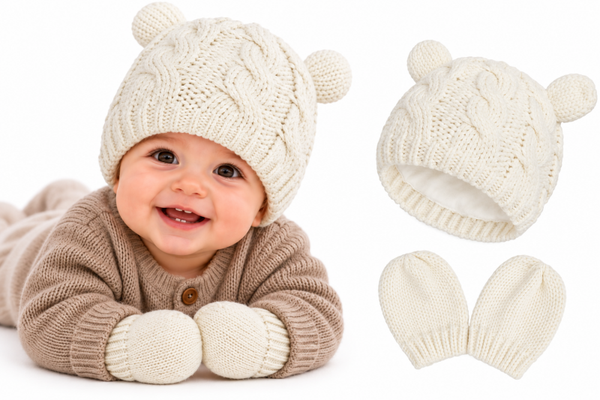 Baby Muts en Wanten Set – Crème / Wit – Beertje – Katoenen Voering
