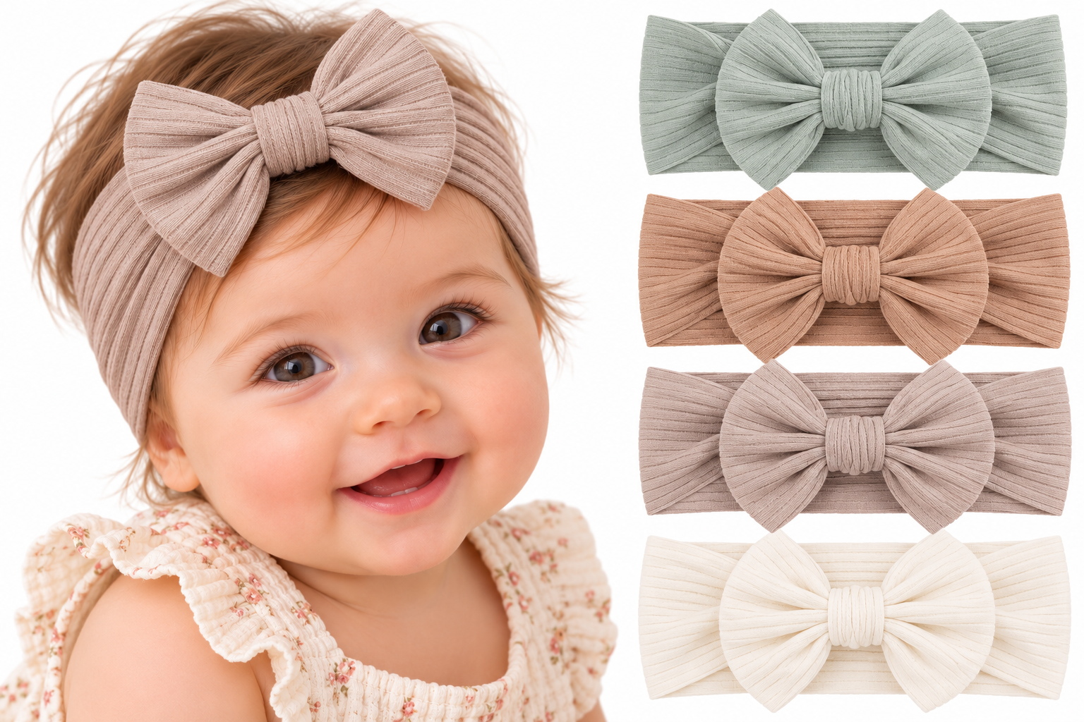 4 Stuks - Baby Meisjes Haarbandjes met Strik (4 mnd - 2 jaar) - Mintgroen Creme Bruin Taupe