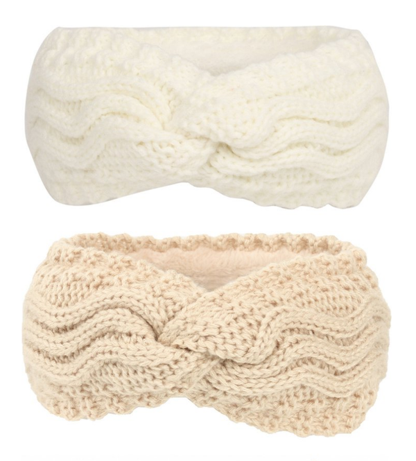 2 stuks - Kabelgebreide Dames Oorwarmers - Beige en Creme - Fleece