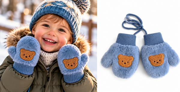 Pluchen Wanten met Voering met Koord - 2-4 jaar - Beertje - Blauw