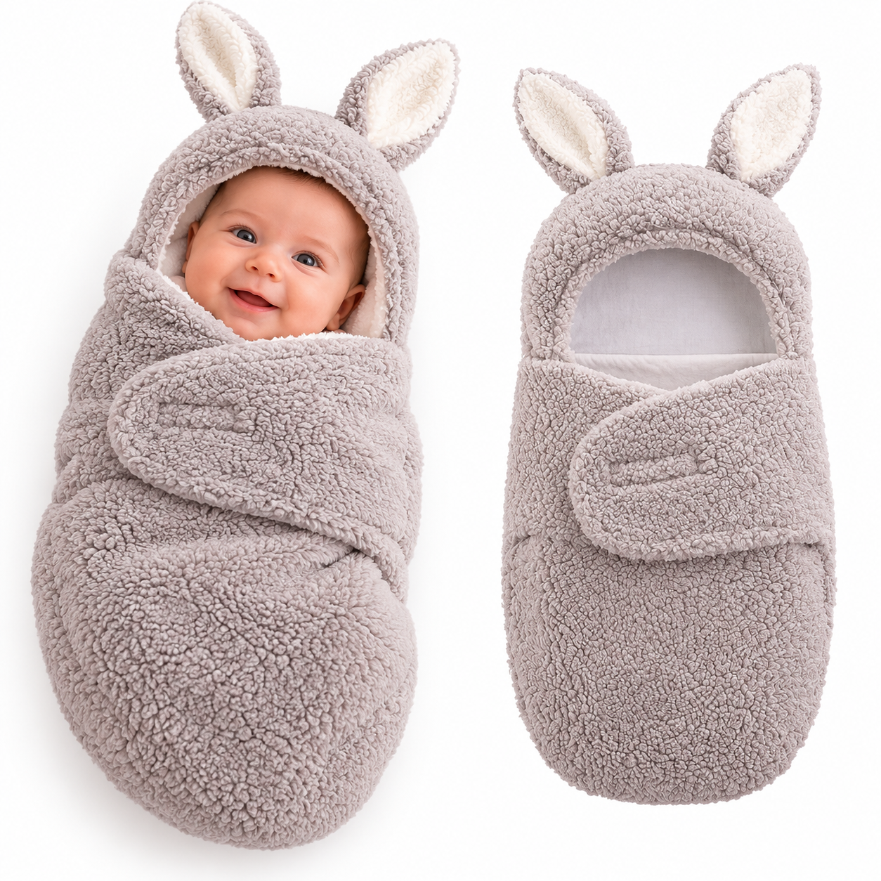 Babyslaapzak - Teddy Konijnen oortjes Inbakerdoek - 0-2 maand - Grijs