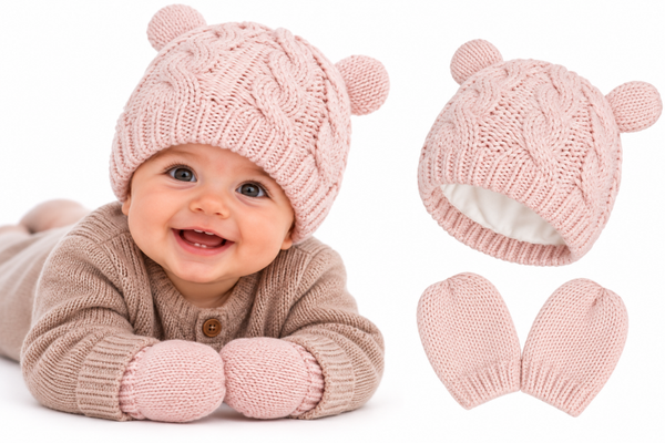 Baby Muts en Wanten Set – Roze – Beertje – Katoenen Voering