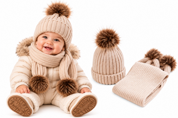 Set Muts en Sjaal Kind 1 Jaar – Beanie met Pompoms – Winterset – Beige