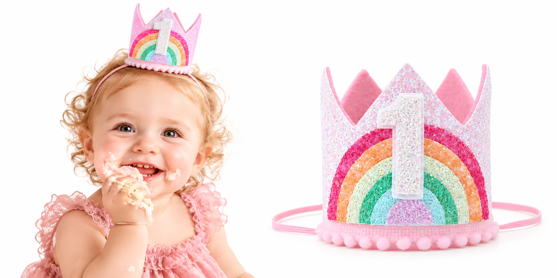 Verjaardagskroon 1 jaar - Baby Meisje - Regenboog Wit Glitters