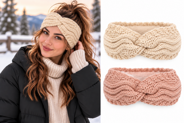 2 stuks - Kabelgebreide Dames Oorwarmers - Roze en Beige - Fleece