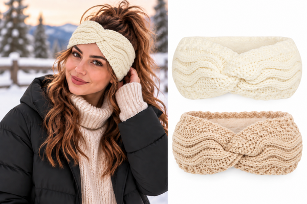 2 stuks - Kabelgebreide Dames Oorwarmers - Beige en Creme - Fleece