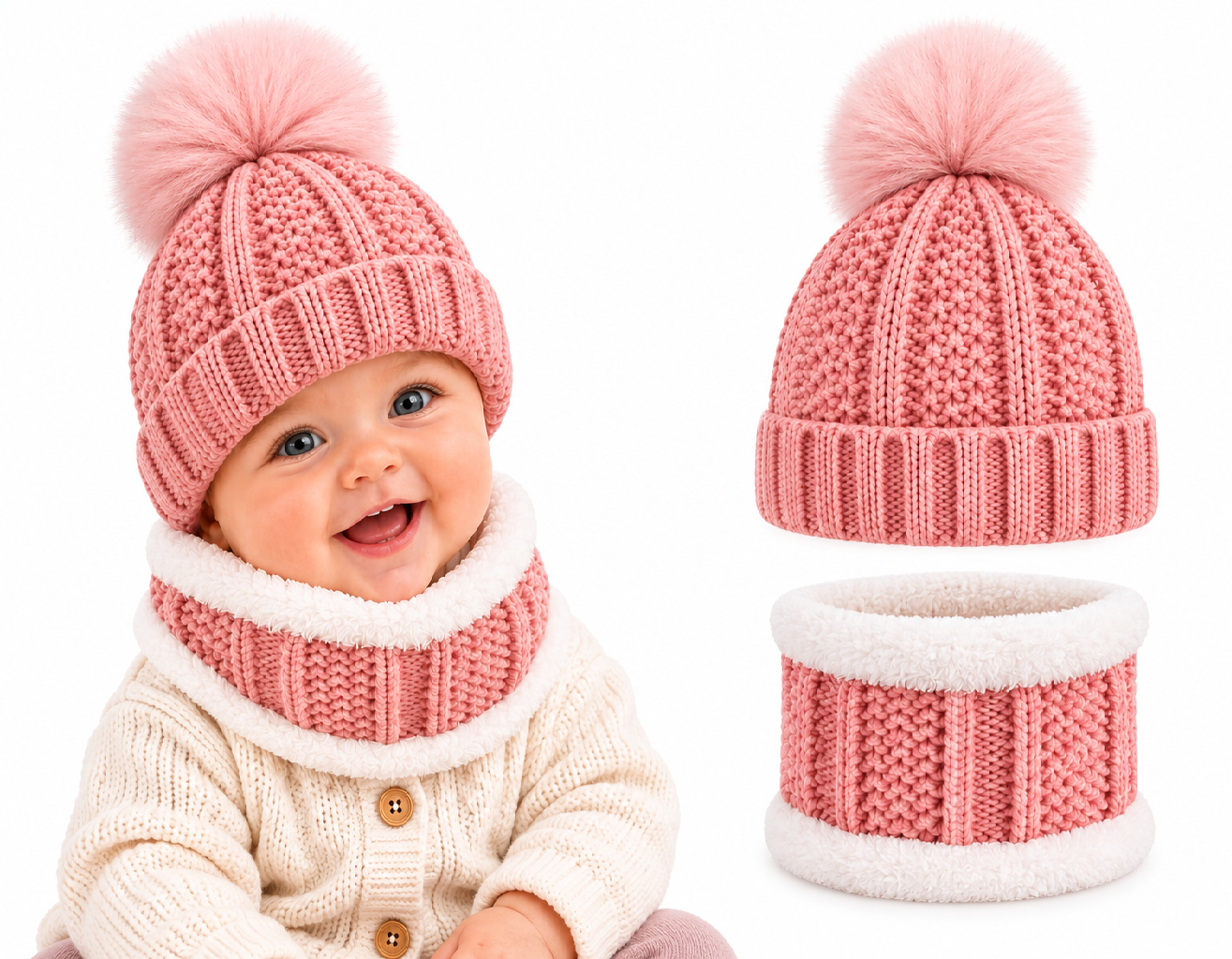 Set muts colsjaal Fleece Baby (4-10 maanden) Roze